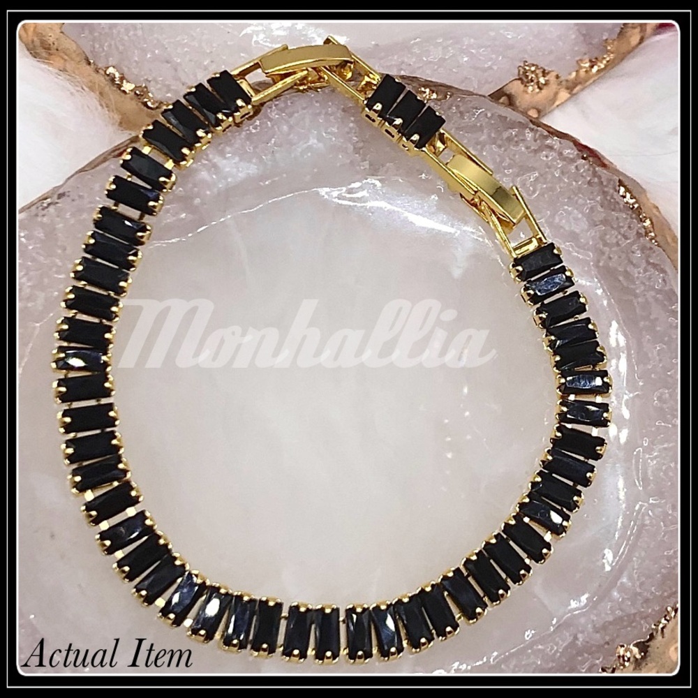 NEW 14K GOLD SQUARE CUT BAGUETTE PAVE SIMULATED ONYX STONE TENNIS BRACELET - Picture 3 of 6